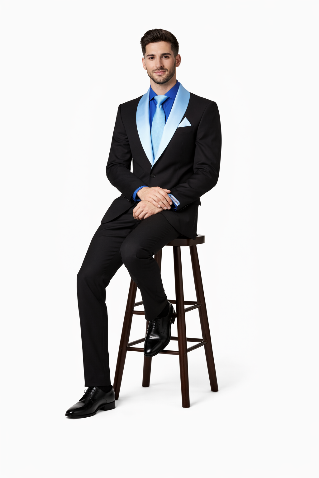 Men’s Black Wedding Suit with White & Sky Blue Shawl Lapel – Classic Modern Fit Tuxedo