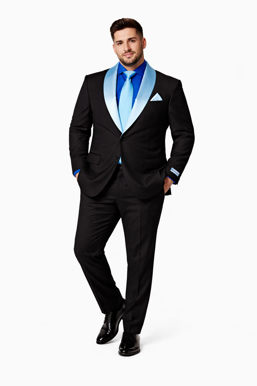 Men’s Black Wedding Suit with White & Sky Blue Shawl Lapel – Classic Modern Fit Tuxedo