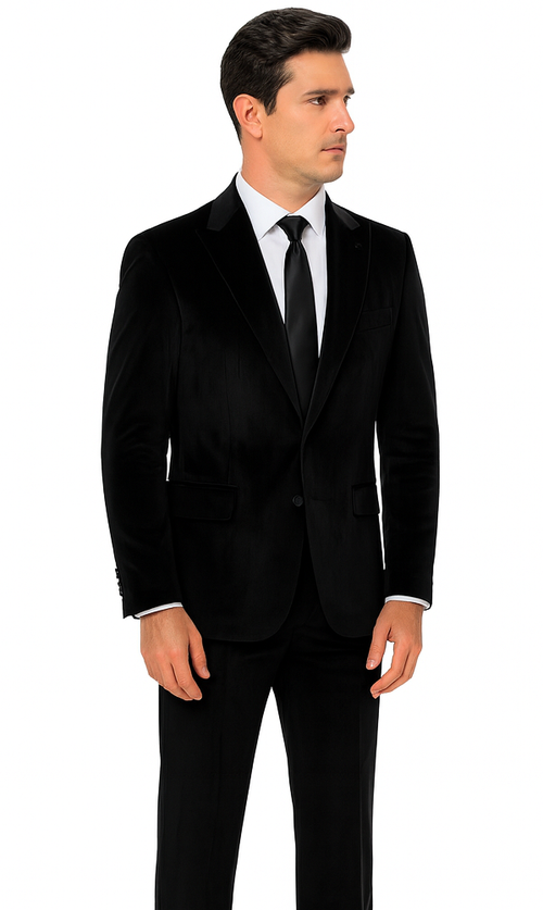 Tazzio Men’s Black Velvet Formal Suit – Slim Fit Peak Lapel Tuxedo 2-Piece