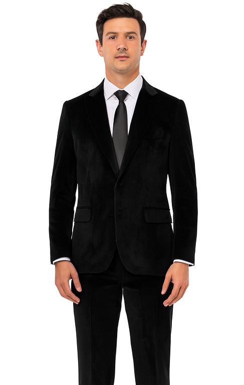 Tazzio Men’s Black Velvet Formal Suit – Slim Fit Peak Lapel Tuxedo 2-Piece