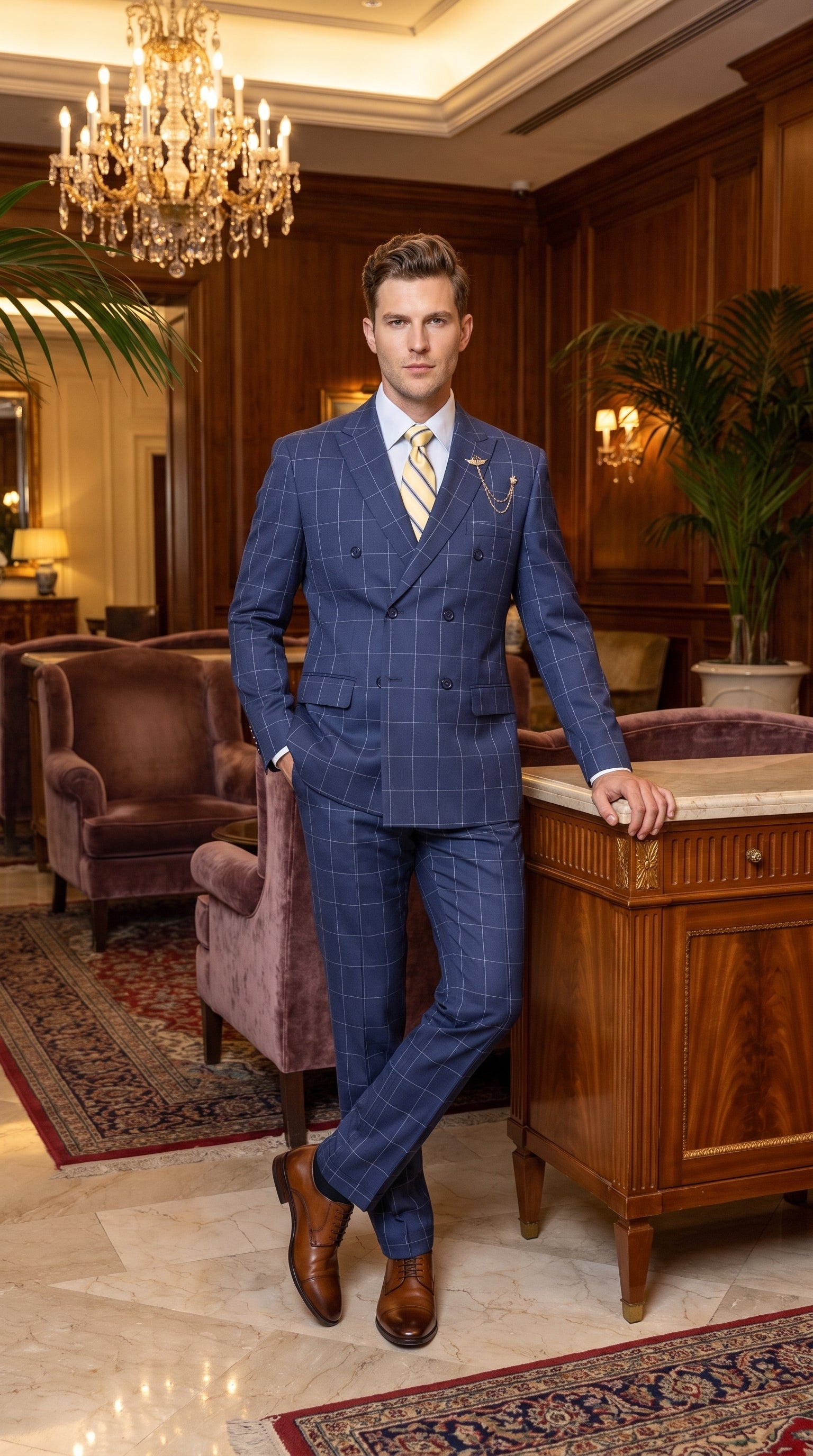 Mens Blue Plaid Double-Breasted Suit – Side-Vented Wedding, Business and Formal Suit