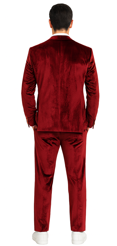 Men’s Burgundy Velvet Suit – Tazzio 2-Piece Slim Fit Peak Lapel Designer Formalwear