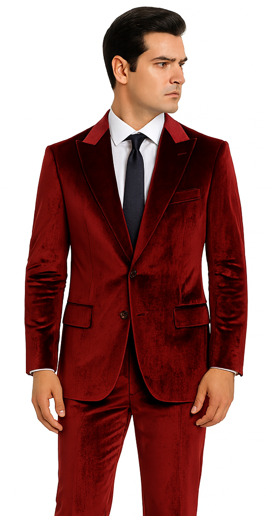 Men’s Burgundy Velvet Suit – Tazzio 2-Piece Slim Fit Peak Lapel Designer Formalwear