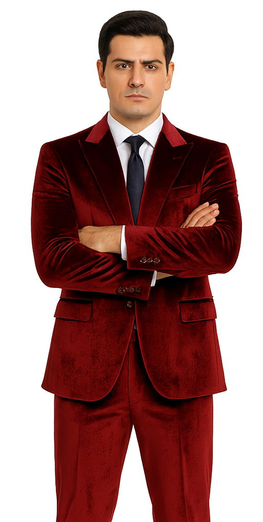 Men’s Burgundy Velvet Suit – Tazzio 2-Piece Slim Fit Peak Lapel Designer Formalwear