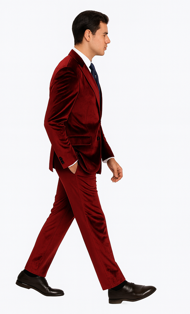 Men’s Burgundy Velvet Suit – Tazzio 2-Piece Slim Fit Peak Lapel Designer Formalwear