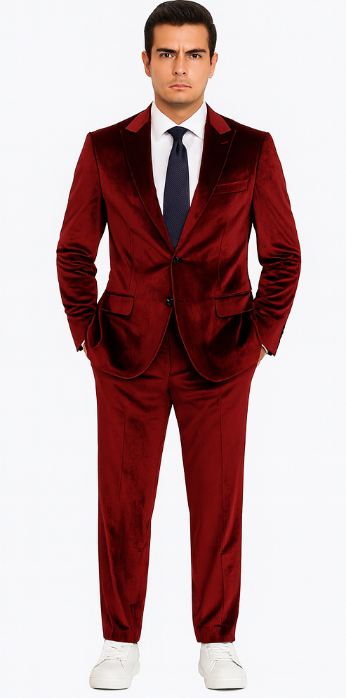 Men’s Burgundy Velvet Suit – Tazzio 2-Piece Slim Fit Peak Lapel Designer Formalwear
