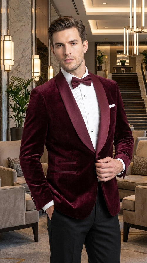 Men’s Burgundy with Burgundy Lapel Velvet Dinner Jacket – Shawl Lapel Tuxedo Blazer for Weddings & Formal Events