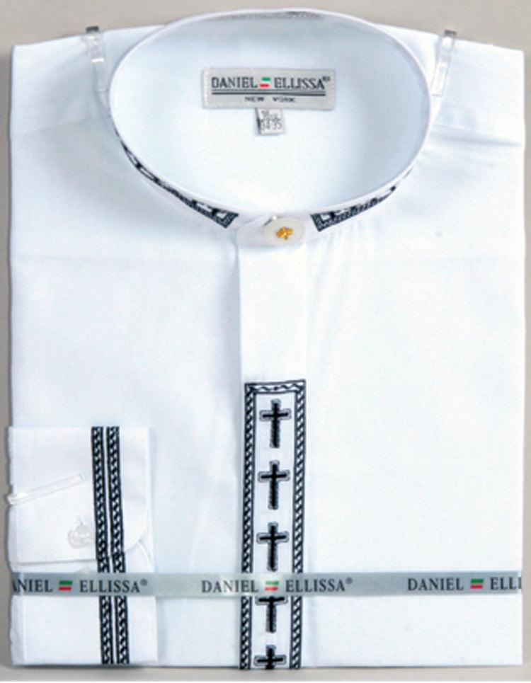 Men's Cross Embroidered Band-Collar Dress Shirt - Daniel Ellissa White & Black - USA Men's Outlet – SuitUSA