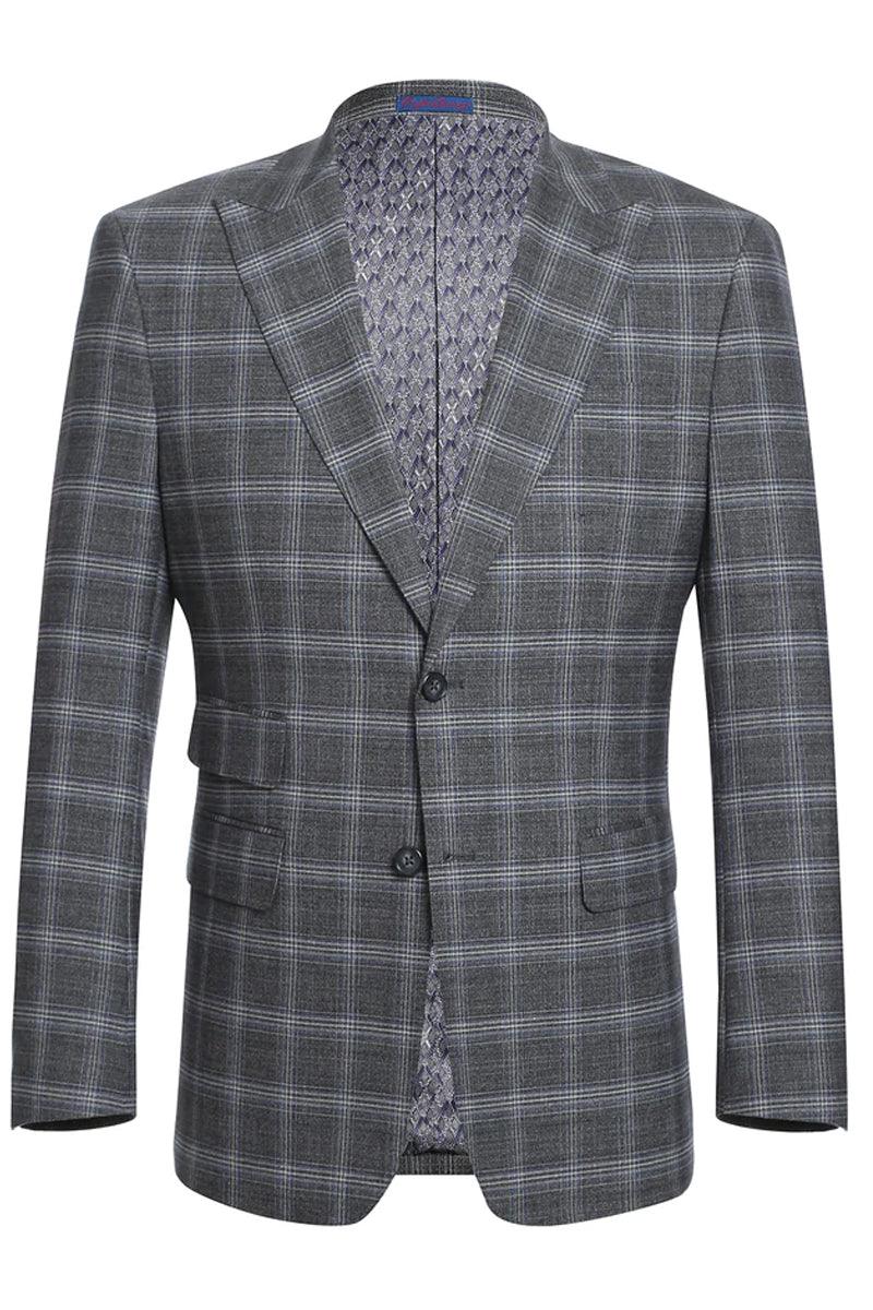Men's English Laundry 2-Button Slim-Fit Suit w/ Peak Lapels & Ticket Pocket | Grey Blue Windowpane Plaid - Elegant Mensattire