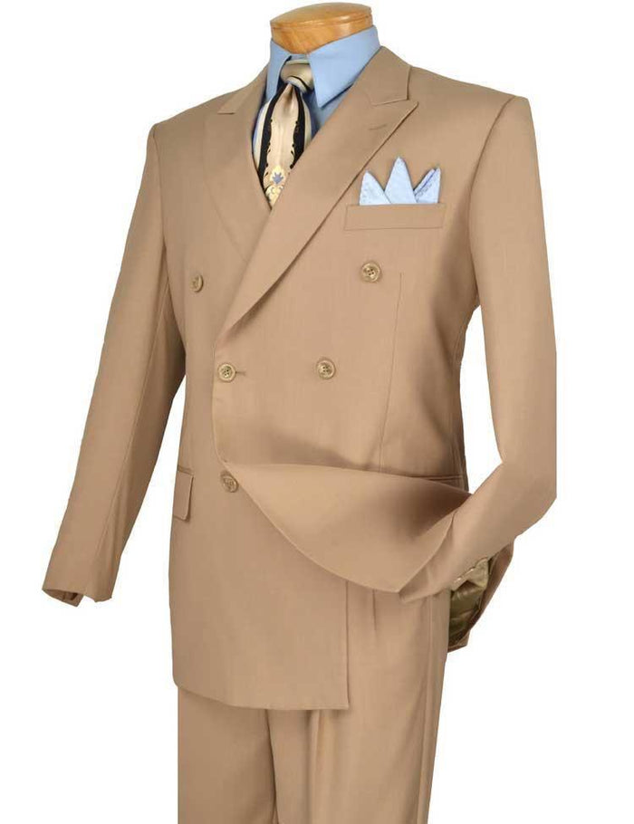 Men's Executive Double Breasted Suit Solid Beige by Vinci