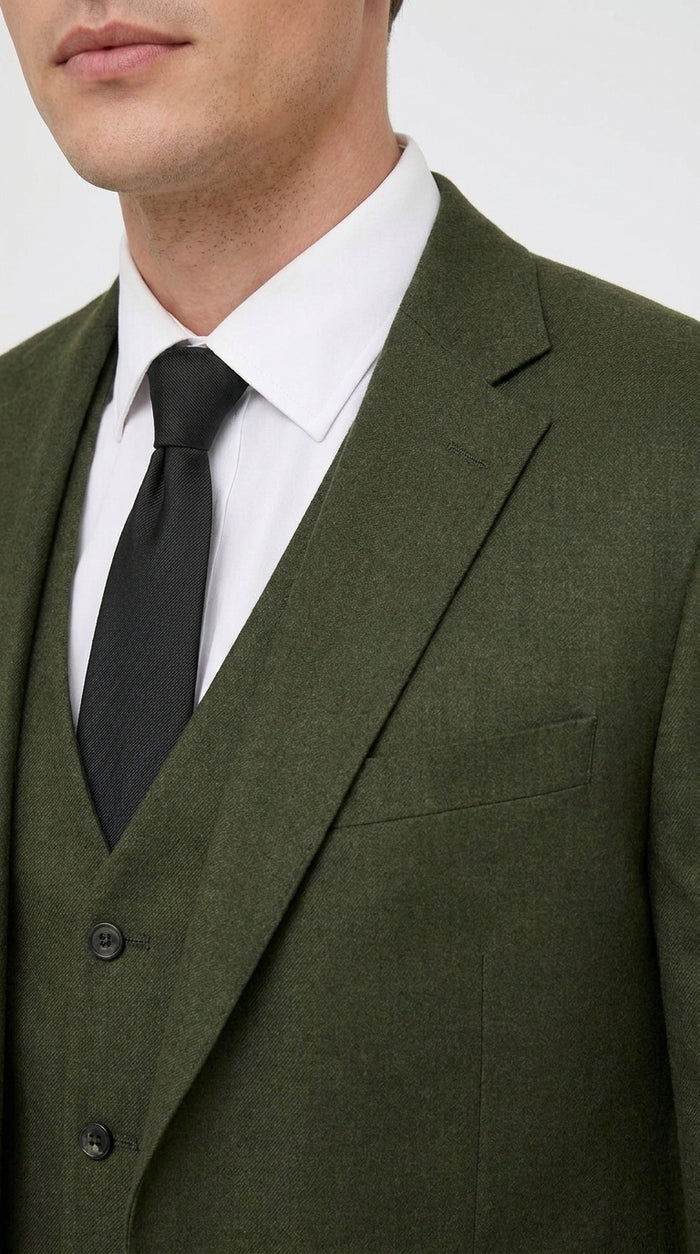 Men’s Military Green 3-Piece Suit – Slim Fit Wedding, Business & Formal Suit with Vested Set