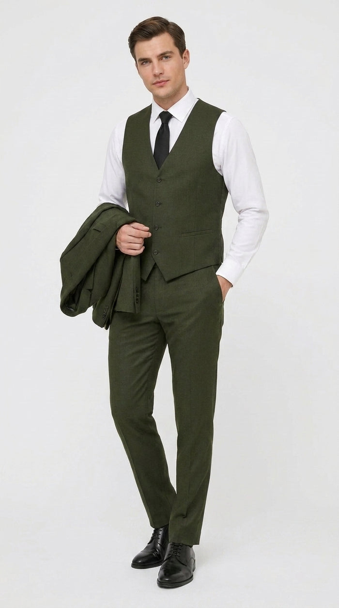 Men’s Military Green 3-Piece Suit – Slim Fit Wedding, Business & Formal Suit with Vested Set