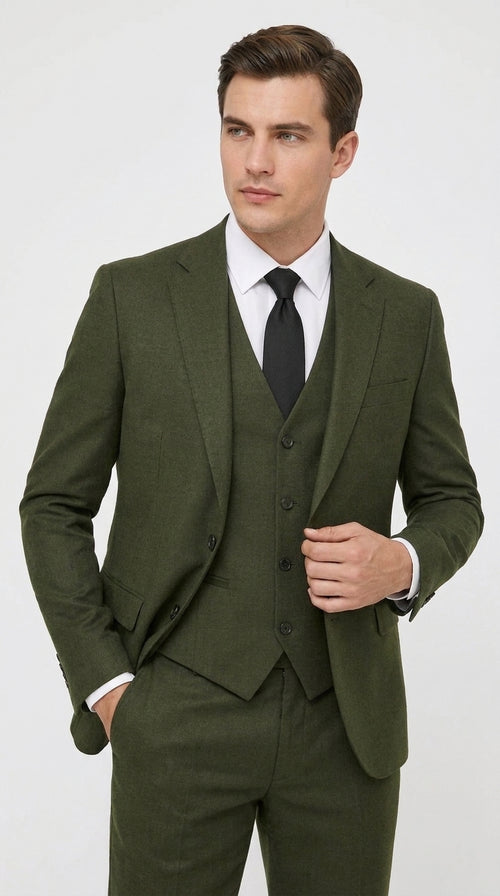 Men’s Military Green 3-Piece Suit – Slim Fit Wedding, Business & Formal Suit with Vested Set