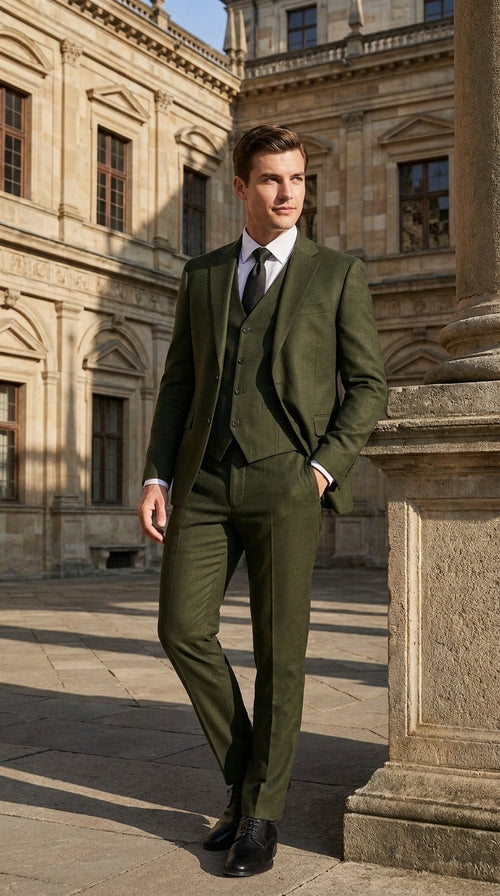 Men’s Military Green 3-Piece Suit – Slim Fit Wedding, Business & Formal Suit with Vested Set