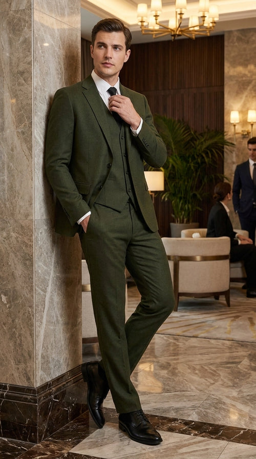 Men’s Military Green 3-Piece Suit – Slim Fit Wedding, Business & Formal Suit with Vested Set