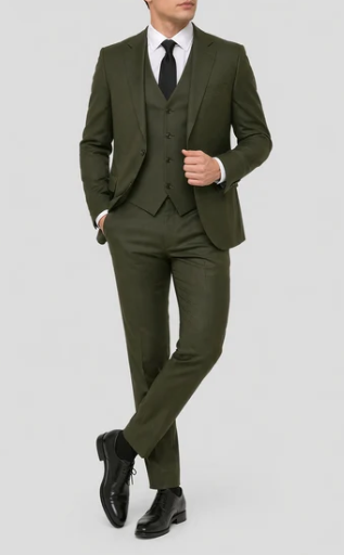 Men’s Military Green 3-Piece Suit – Slim Fit Wedding, Business & Formal Suit with Vested Set