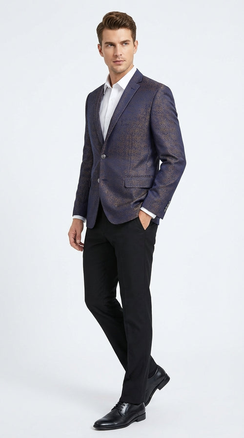 Men’s Navy Blue Plum Burgundy and Gold Jacquard Blazer – Elegant Two Button Formal Dinner Jacket Sport Coat Paisley Floral