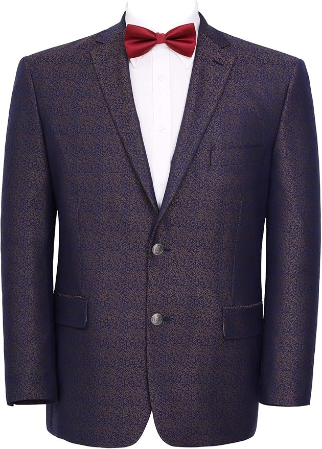 Men’s Navy Blue Plum Burgundy and Gold Jacquard Blazer – Elegant Two Button Formal Dinner Jacket Sport Coat Paisley Floral