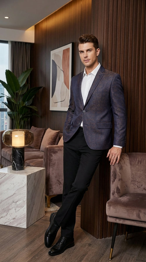 Men’s Navy Blue Plum Burgundy and Gold Jacquard Blazer – Elegant Two Button Formal Dinner Jacket Sport Coat Paisley Floral