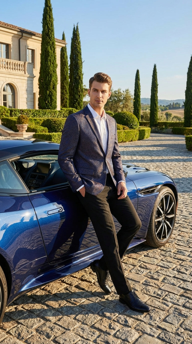 Men’s Navy Blue Plum Burgundy and Gold Jacquard Blazer – Elegant Two Button Formal Dinner Jacket Sport Coat Paisley Floral