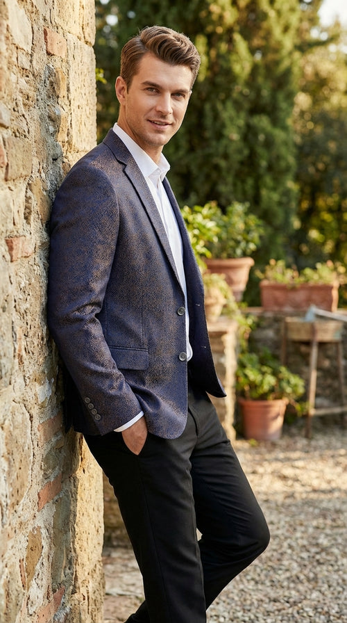 Men’s Navy Blue Plum Burgundy and Gold Jacquard Blazer – Elegant Two Button Formal Dinner Jacket Sport Coat Paisley Floral