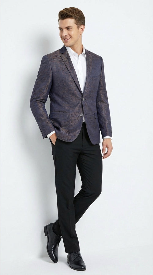 Men’s Navy Blue Plum Burgundy and Gold Jacquard Blazer – Elegant Two Button Formal Dinner Jacket Sport Coat Paisley Floral