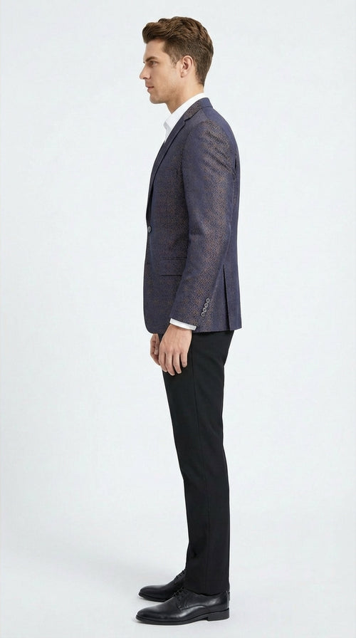 Men’s Navy Blue Plum Burgundy and Gold Jacquard Blazer – Elegant Two Button Formal Dinner Jacket Sport Coat Paisley Floral