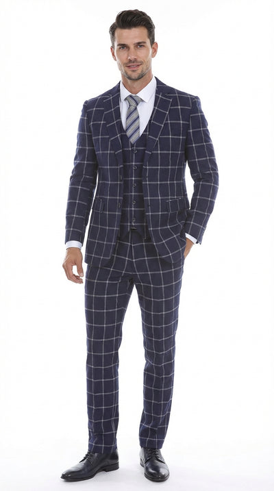 Men’s Navy Blue Windowpane Check Three Piece Suit – Modern Plaid Formal Vested Suit