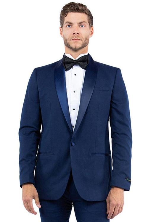 Men's Navy One-Button Shawl Lapel Tuxedo Jacket by Zegarie - Modern Fit - Elegant Mensattire