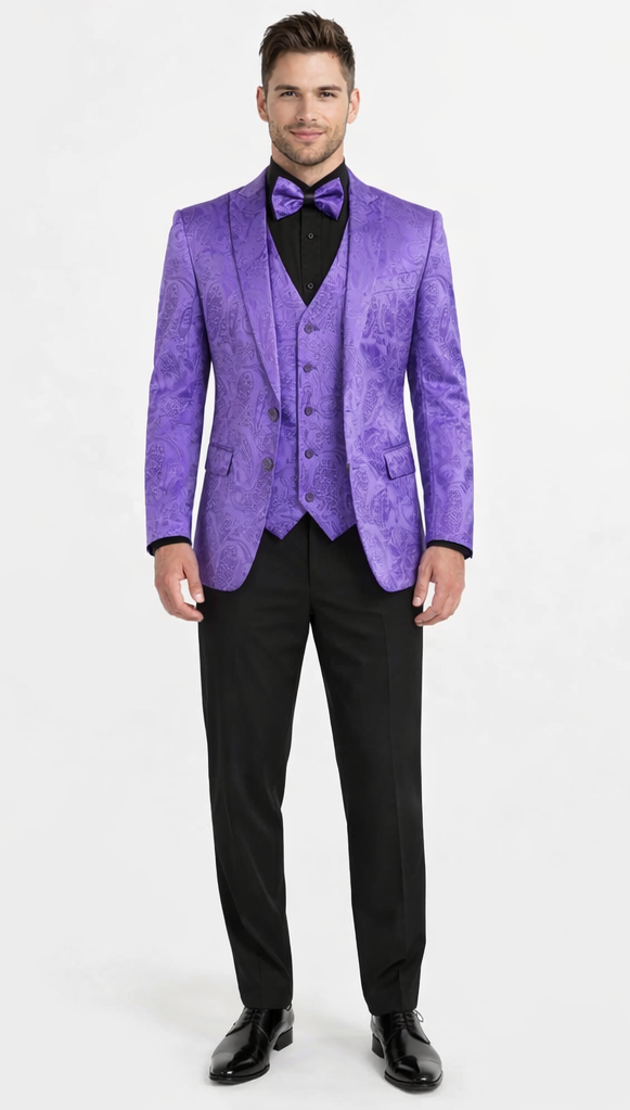 Men’s Purple Paisley Tuxedo Suit - 3 Piece Formal Set with Vest and Bow Tie by USA Men's Outlet