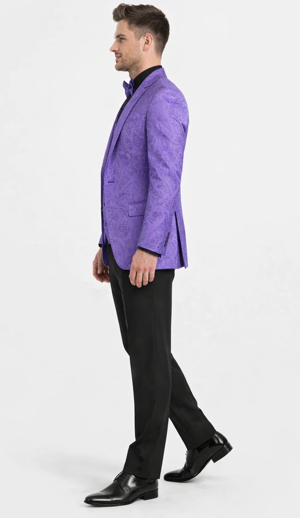 Men’s Purple Paisley Tuxedo Suit – 3 Piece Formal Set with Vest and Bow Tie