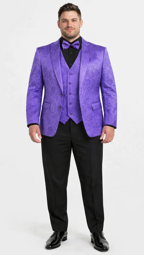 Men’s Purple Paisley Tuxedo Suit – 3 Piece Formal Set with Vest and Bow Tie
