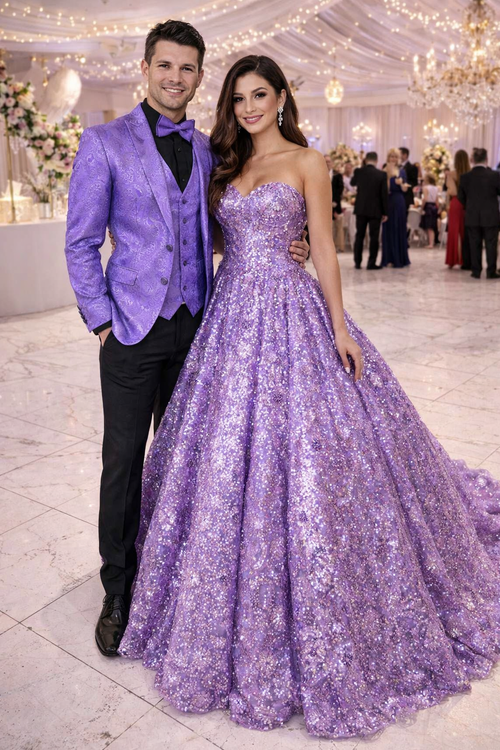 Men’s Purple Paisley Tuxedo Suit – 3 Piece Formal Set with Vest and Bow Tie