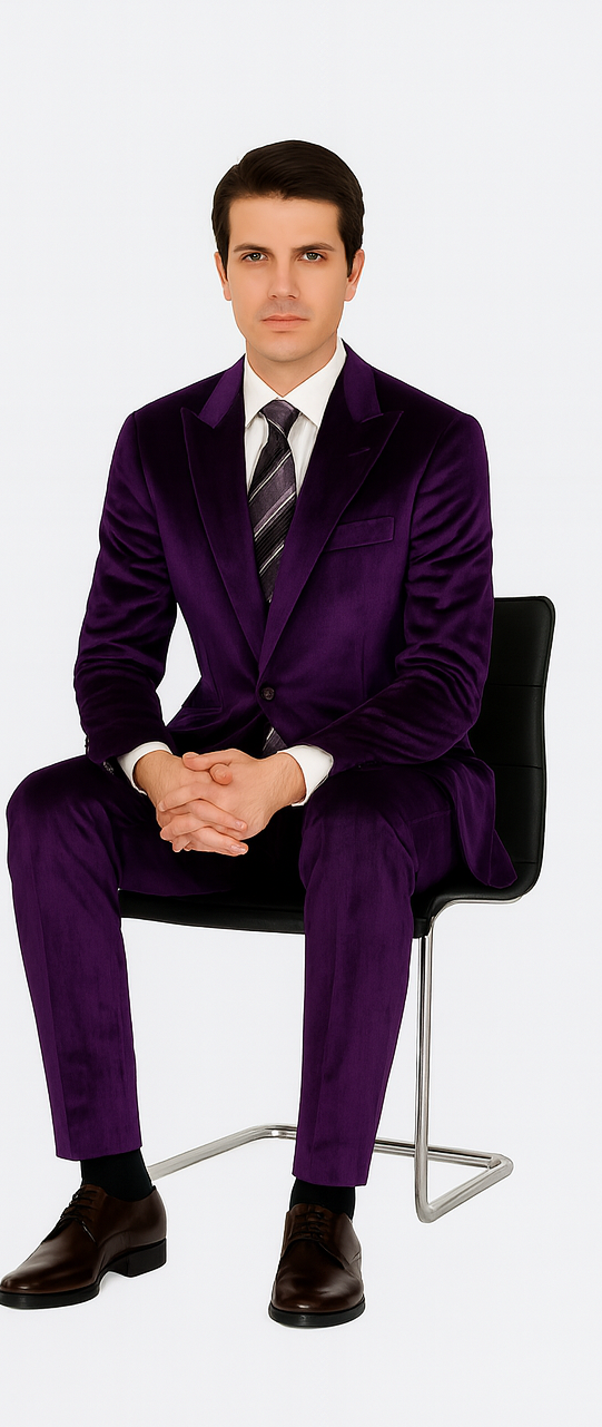 Purple Velvet Blazer and Pants Set – Tazzio 2-Piece Slim Fit Tuxedo Style Suit