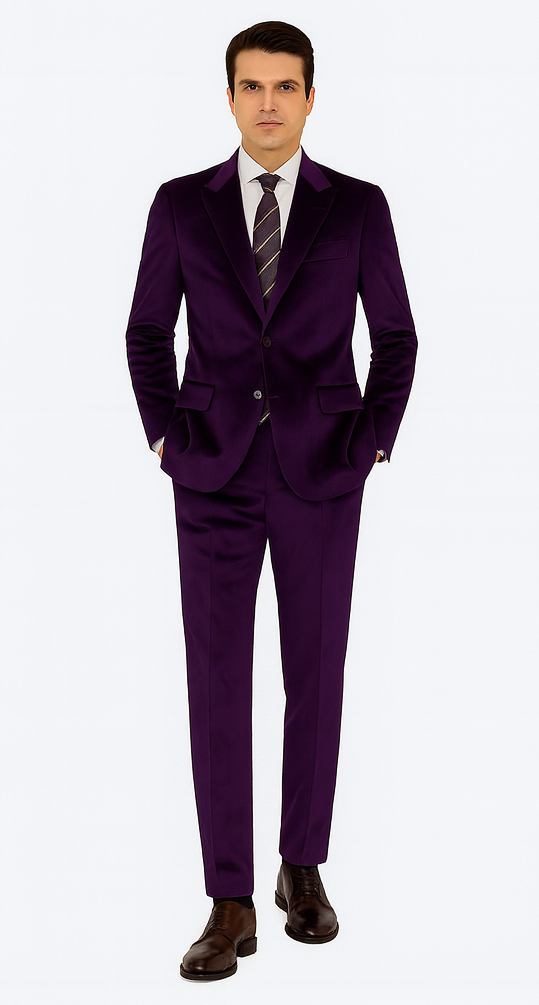 Purple Velvet Blazer and Pants Set – Tazzio 2-Piece Slim Fit Tuxedo Style Suit