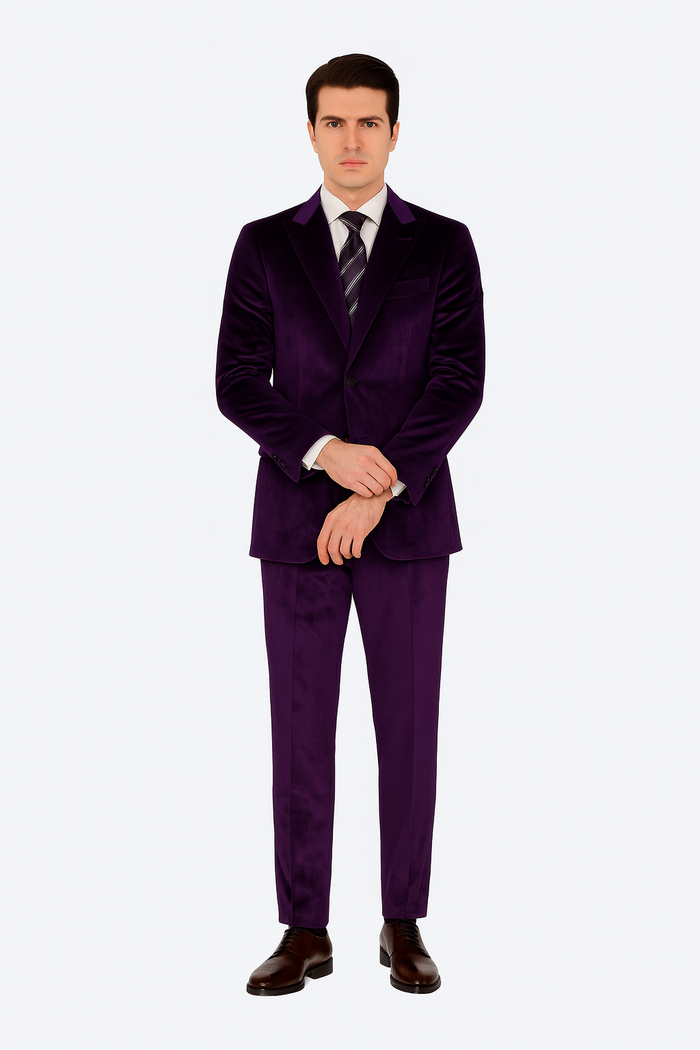 Purple Velvet Blazer and Pants Set – Tazzio 2-Piece Slim Fit Tuxedo Style Suit