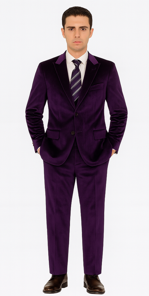 Purple Velvet Blazer and Pants Set – Tazzio 2-Piece Slim Fit Tuxedo Style Suit