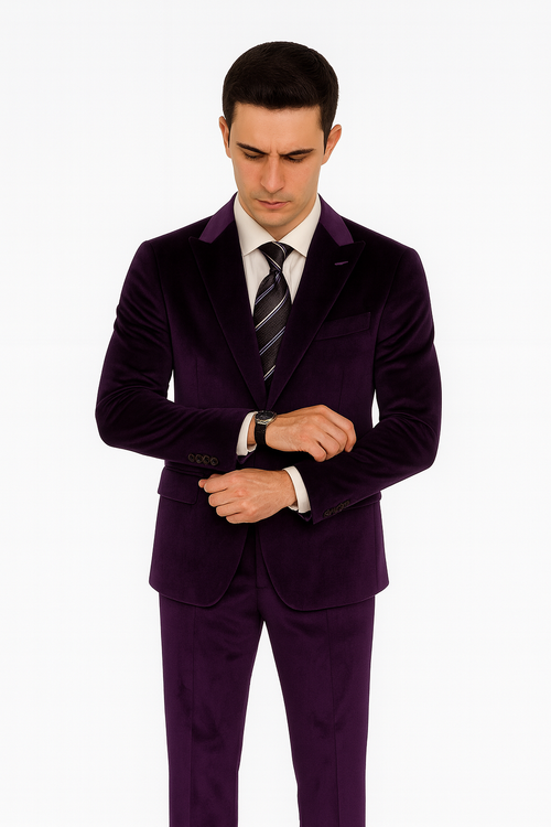 Purple Velvet Blazer and Pants Set – Tazzio 2-Piece Slim Fit Tuxedo Style Suit