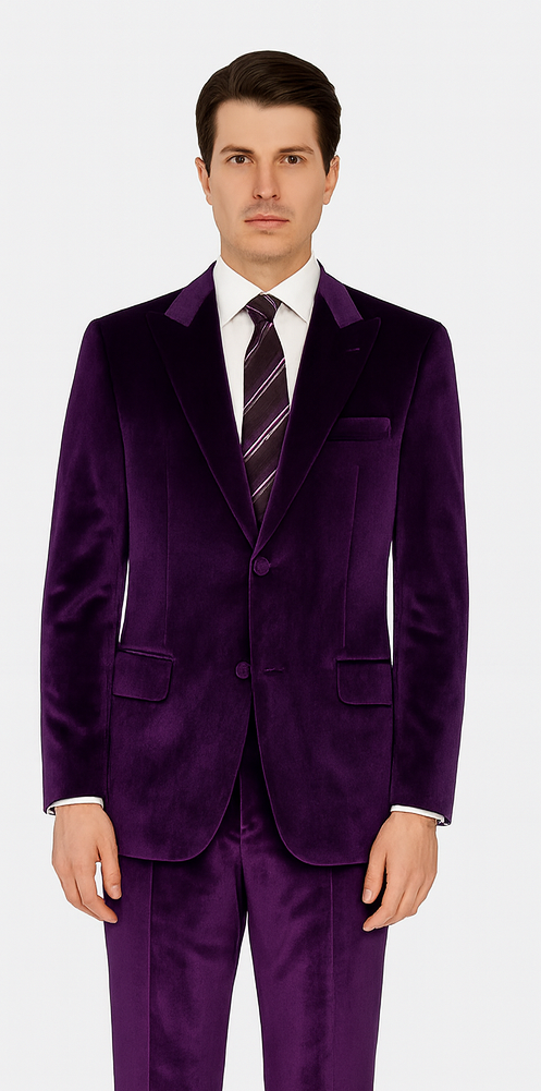 Purple Velvet Blazer and Pants Set – Tazzio 2-Piece Slim Fit Tuxedo Style Suit