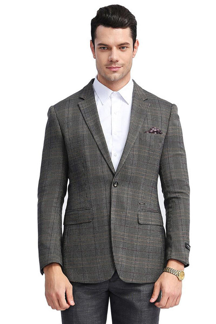"Men's Slim Fit Charcoal Grey Plaid Sport Coat by Tazio" - Elegant Mensattire