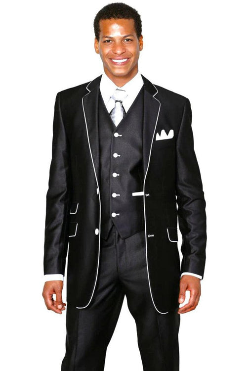 "Men's Slim-Fit Shiny Sharkskin Tuxedo Suit by Fortino Landi - Black with White Piping" - USA Men's Outlet