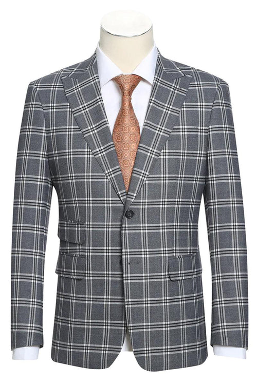 Men's Sophisticated Slim Fit Peak Lapel English Laundry Suit in Grey Windowpane Plaid - Elegant Mensattire