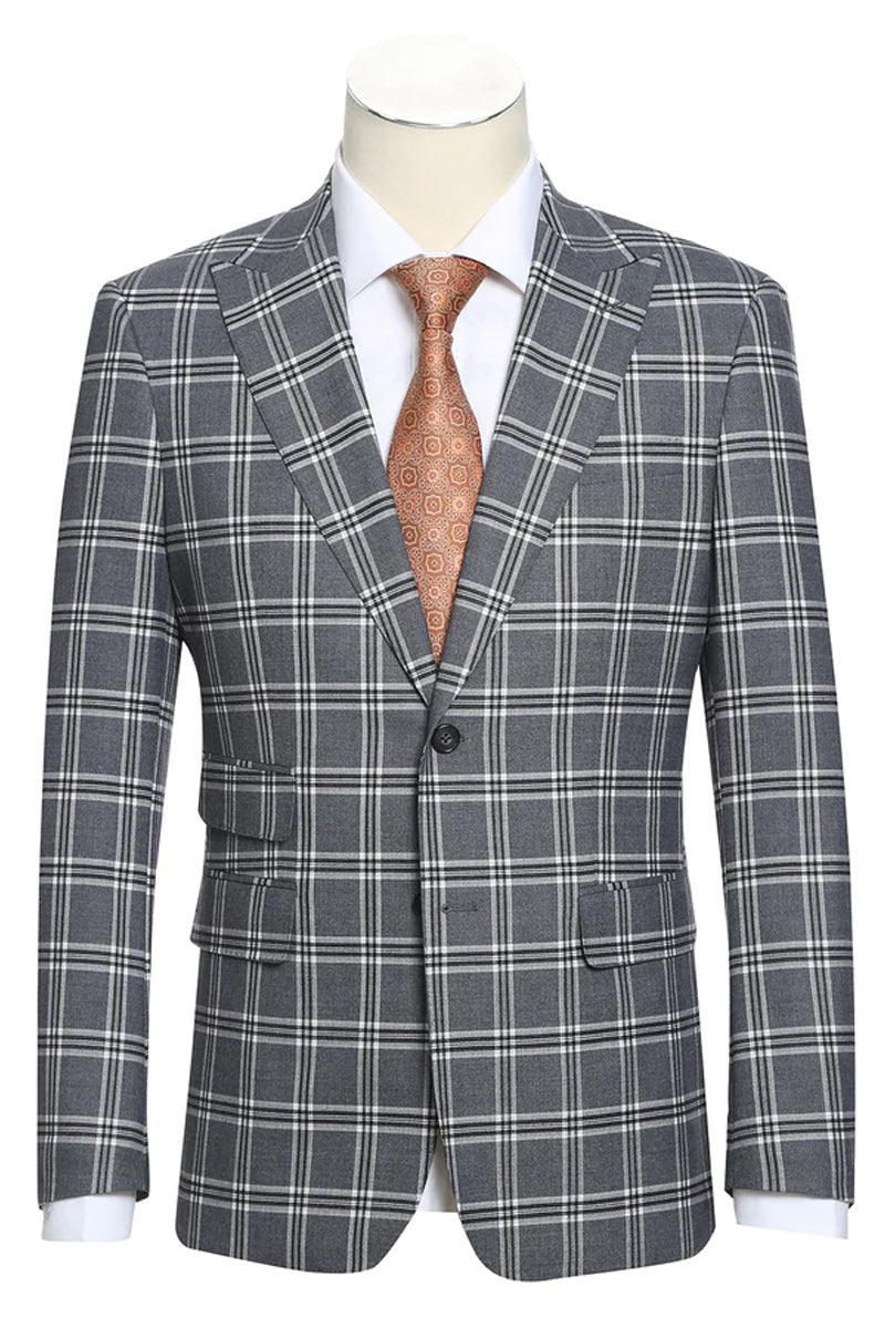Men's Sophisticated Slim Fit Peak Lapel English Laundry Suit in Grey Windowpane Plaid - Elegant Mensattire