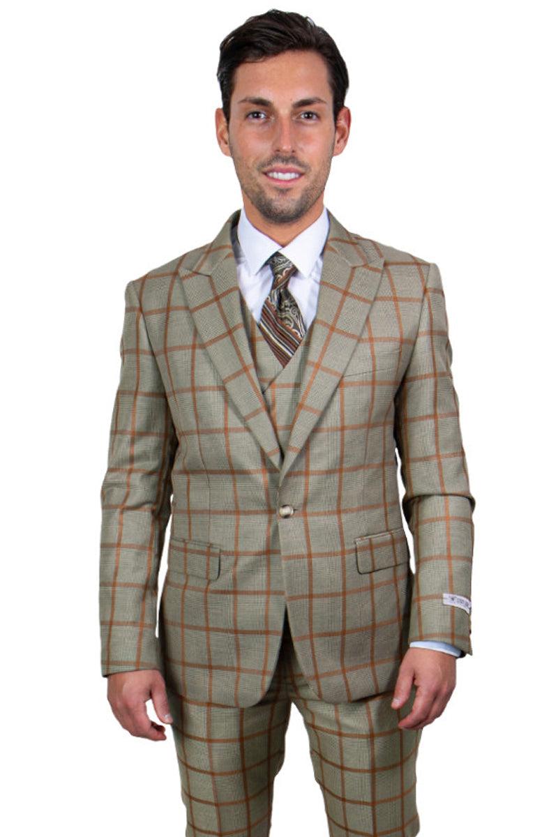 Men's Tan & Gold Windowpane Vested Suit by Stacy Adams - USA Men's Outlet