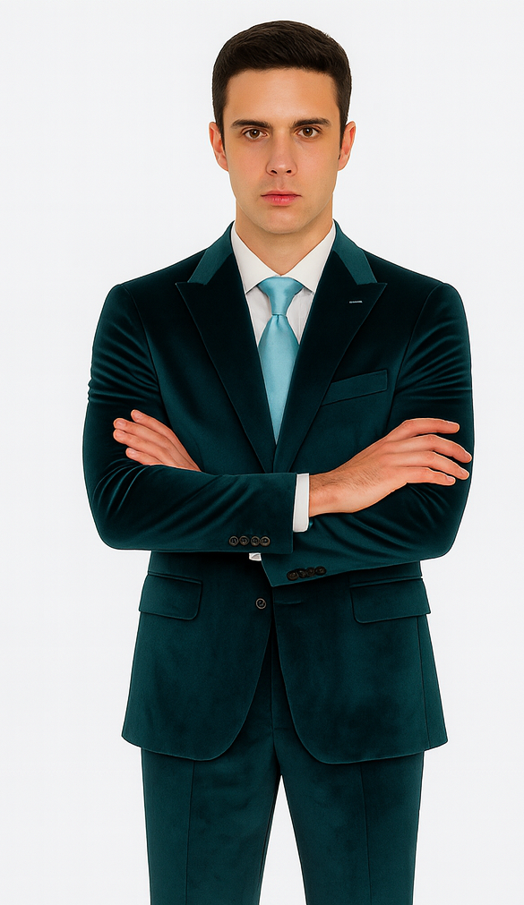 Men’s Velvet Suit in Teal – Tazzio Designer 2-Piece Slim Fit Tuxedo Style