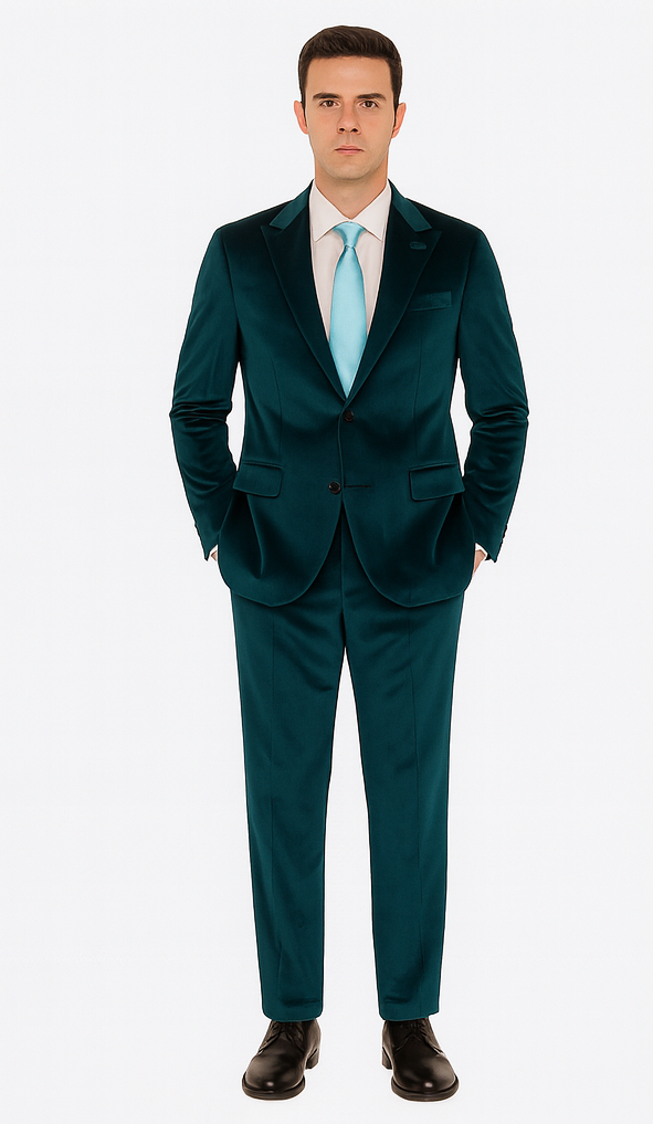 Men’s Velvet Suit in Teal – Tazzio Designer 2-Piece Slim Fit Tuxedo Style