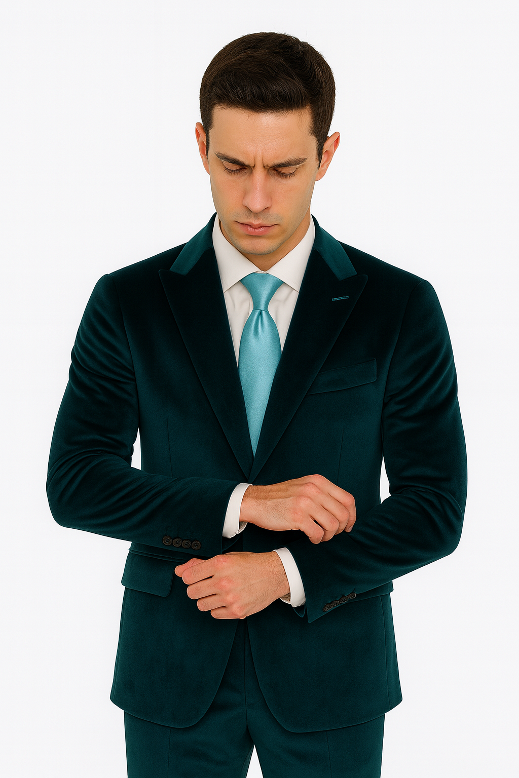 Men’s Velvet Suit in Teal – Tazzio Designer 2-Piece Slim Fit Tuxedo Style