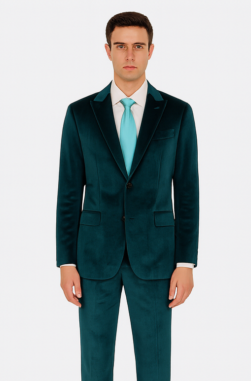 Men’s Velvet Suit in Teal – Tazzio Designer 2-Piece Slim Fit Tuxedo Style