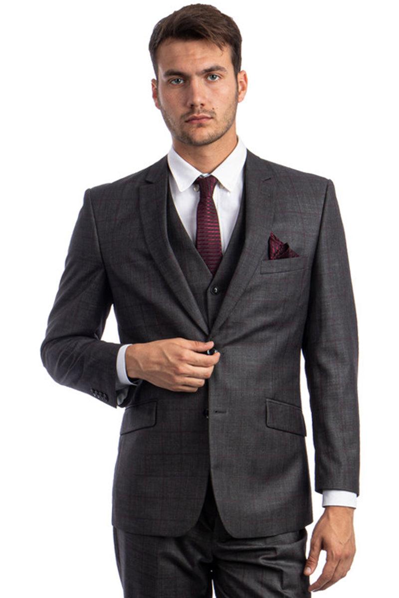 Men's Zegarie Wool Vested Suit, Mesh Modern Fit in Charcoal & Burgundy Windowpane - USA Men's Outlet – SuitUSA