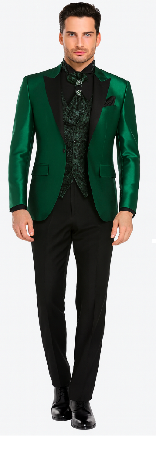 Men Shiny Satin Wedding Suits 2 Pieces Emerald Green Tuxedos Jacket by TuxedoUSA